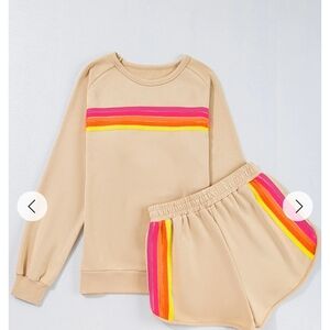 Beige Sweatshirt and Shorts Set with Rainbow Stripes